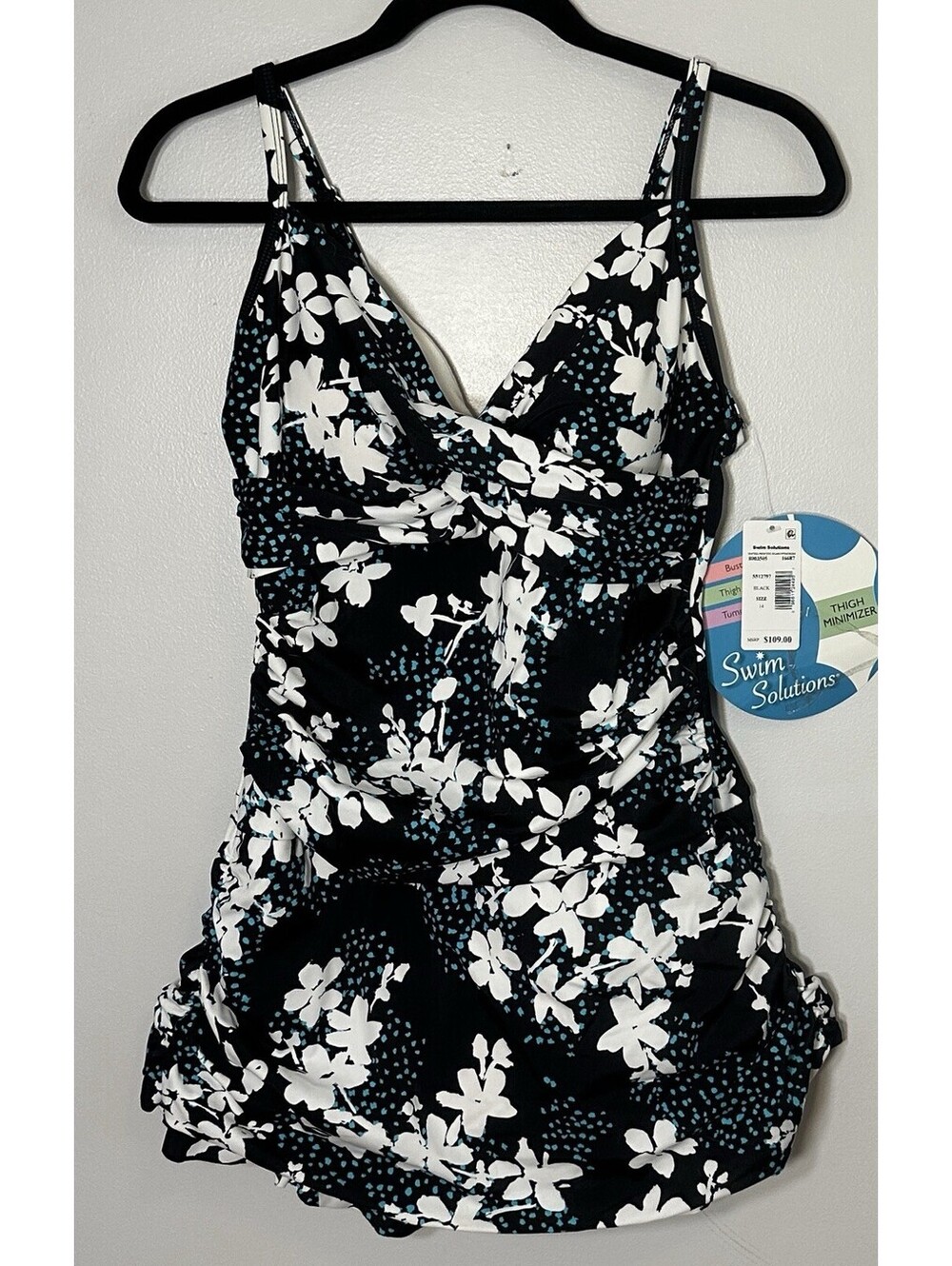 NWTS Swim Solutions Macys Slimming 1 Pc Black Floral Ruffled Ruched Swimsuit 14.